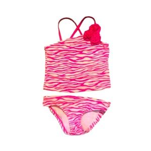 Pink Zebra Striped GIrl  Swimsuit With Roses Off the Shoulder 2 PC